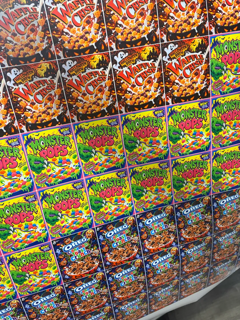 Colorful custom printed mylar bags arranged in rows
