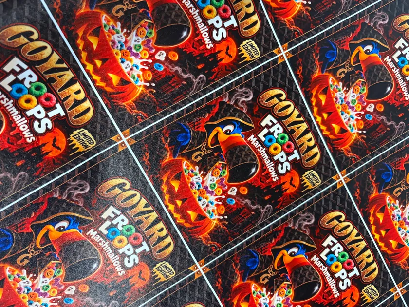 Rows of orange and blue cereal themed mylar bags